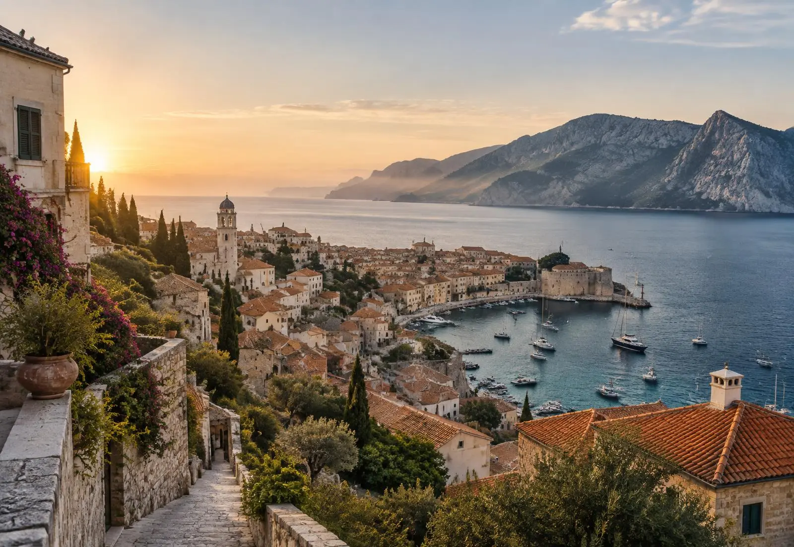 Stone buildings and terracotta roofs along a harbor