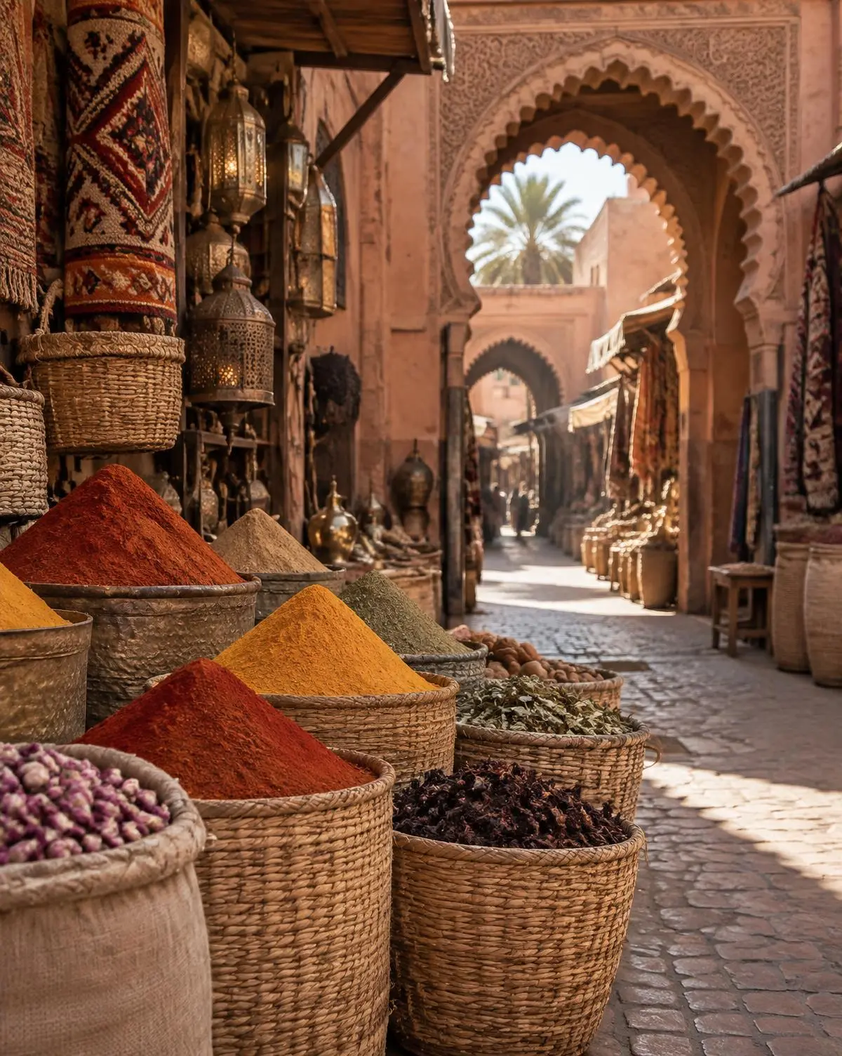 Woven textiles and lanterns in a market arcade