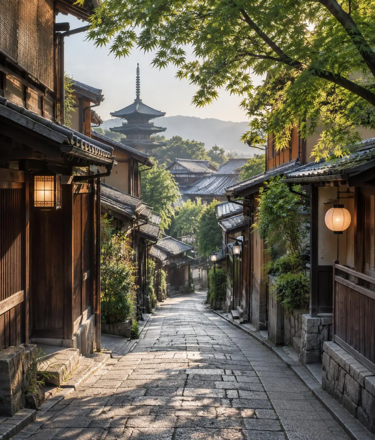 A quiet lane between timber buildings and green leaves